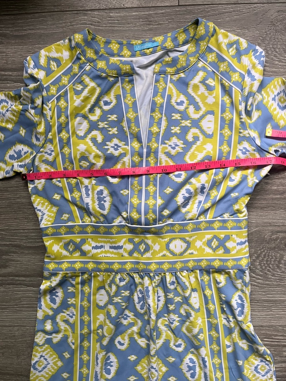J. McLaughlin Blue Yellow Catalina Cloth Geometric Ikat Print Dress Size M Work - Picture 3 of 8